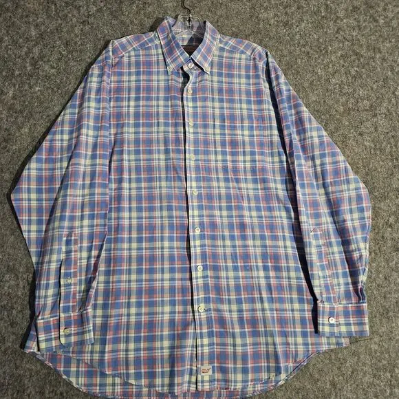 Vineyard Vines Murray Shirt Mens Large Blue Pink Yellow Plaid Button Down Cotton - Picture 2 of 8